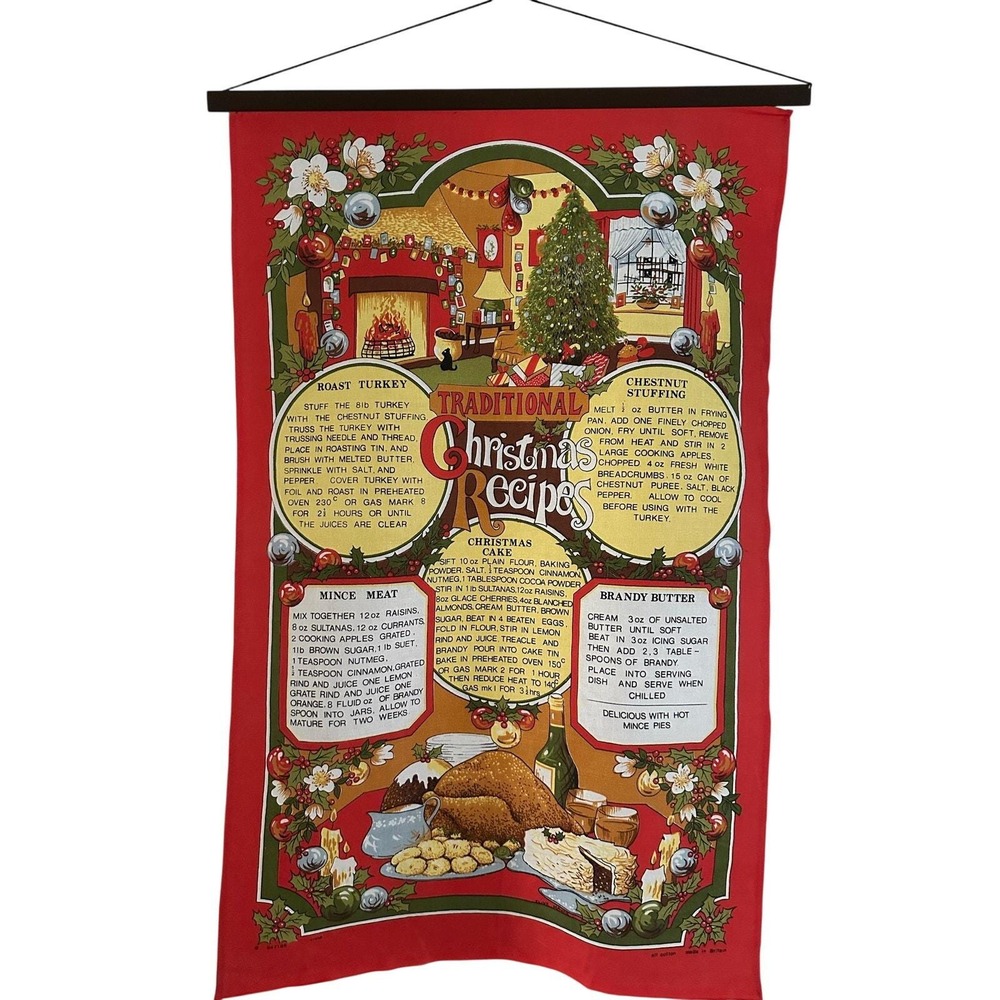 Vintage "Traditional Christmas Recipes" Cotton Tea Towel Wall Hanging Britain
